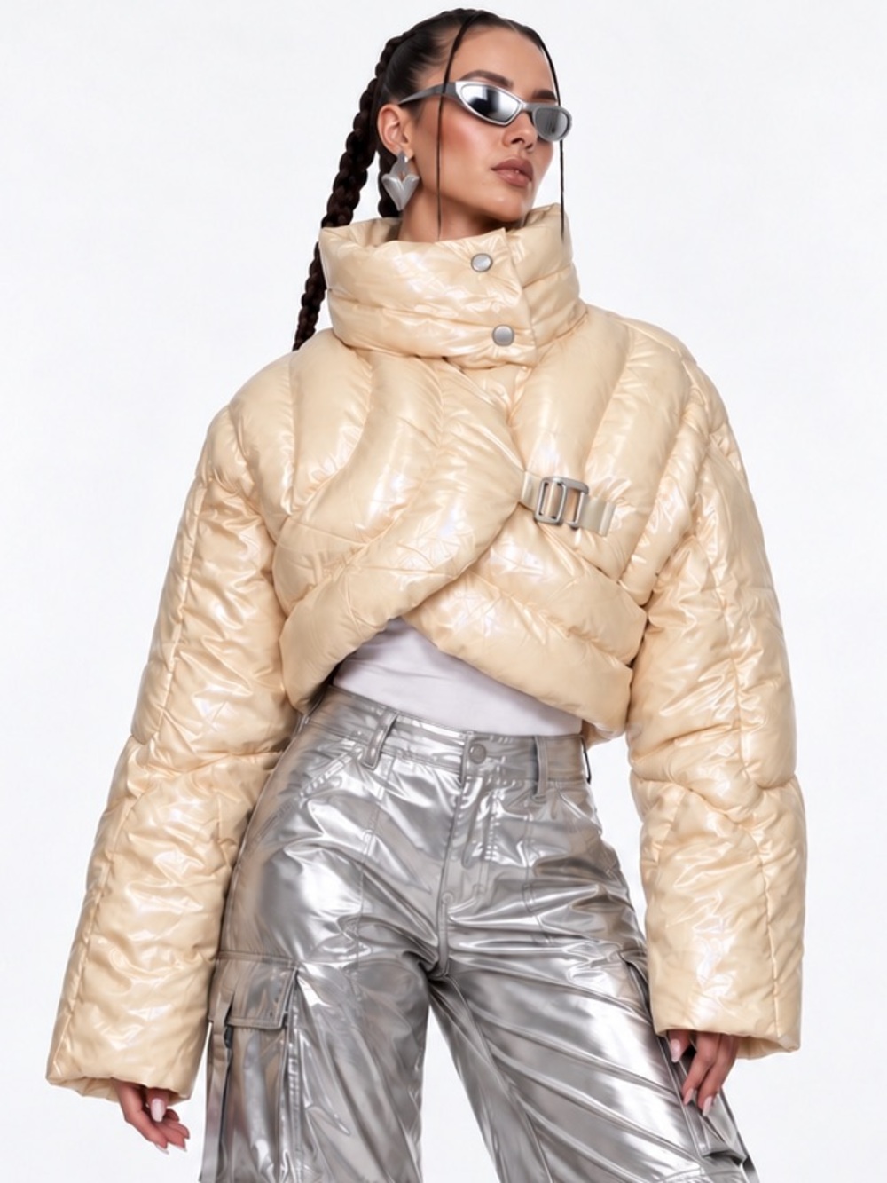 AFTERHOUR Cropped Wrap Puffer Jacket High Neck Buckle Closure Pearlescent Cream